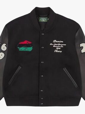 Denim Tears Black Varsity Bomber Jacket with Embroidered Details